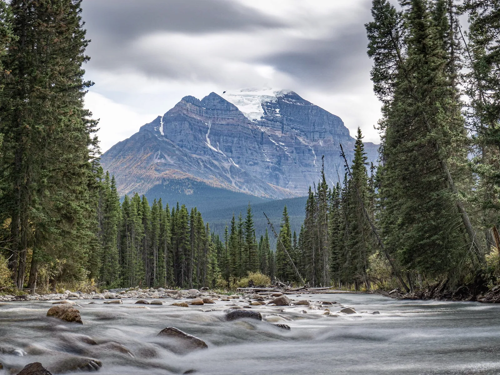 Looking over the Pipestone River towards Mt. Temple